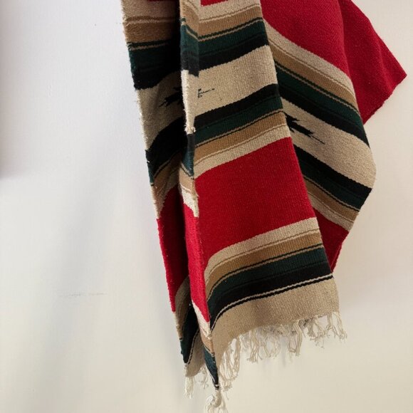 Traditional Mexican Blanket Poncho Serape - Red, Cream, Tan, Green, & Black - Picture 4 of 4